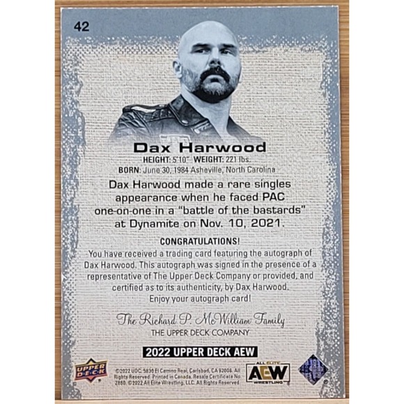 2022 UPPER‎ DECK AEW DAX HARWOOD  AUTO AUTOGRAPH SP